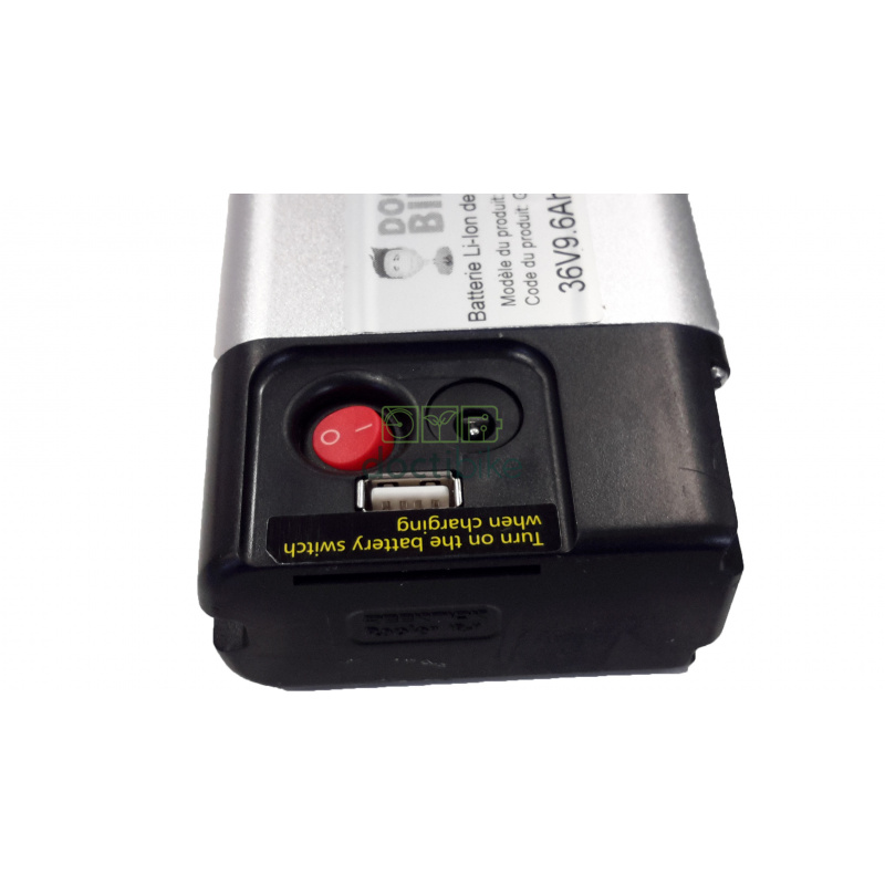 Batterie Multi-marque Compatible 36V avec bouton d'allumage rouge, connecteur de charge et port USB