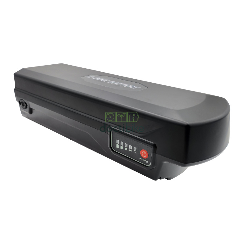 Batterie vélo Giant Energypak 36V 13Ah - Porte-bagages - face côté avec témoin de charge et bouton d'allumage
