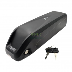 Batterie vélo compatible multimarque Hailong 36V - vue latérale avec serrure et clés, témoin de charge, bouton d'allumage