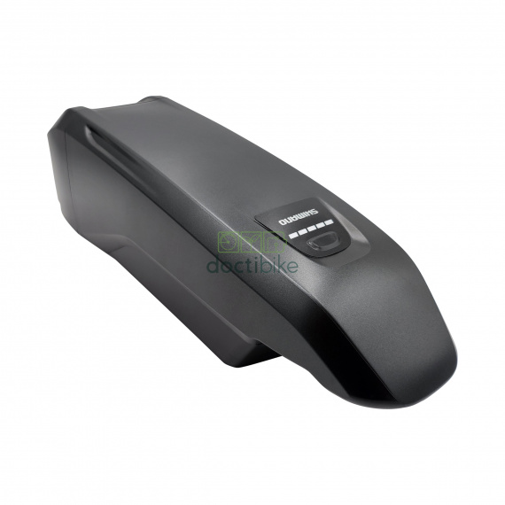 Batterie vélo Shimano Steps BT-E8010 - 36V 13.8Ah - vue trois quart droit dessus avec témoin de charge et bouton d'allumage