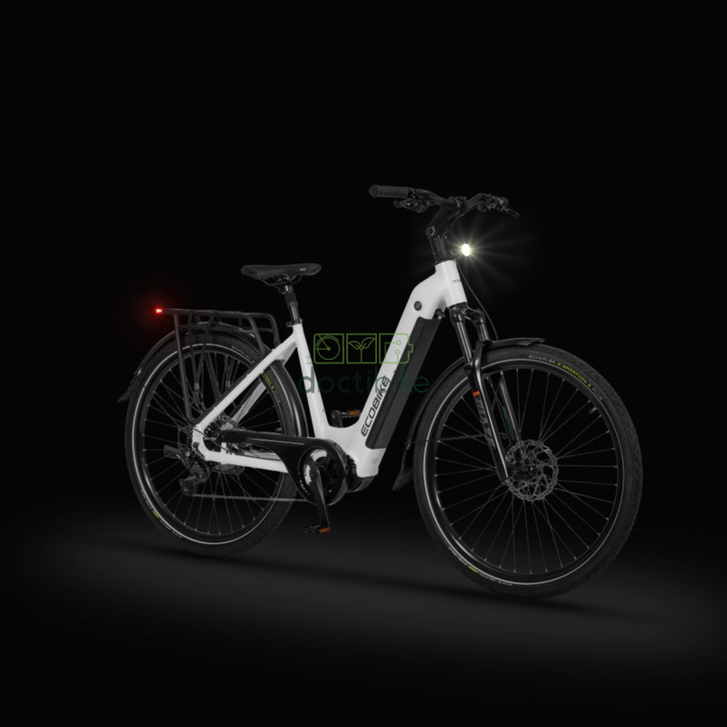Vélo électrique Ecobike LX 300 Blanc 17" et 19" - vue latérale droite avec phares allumés