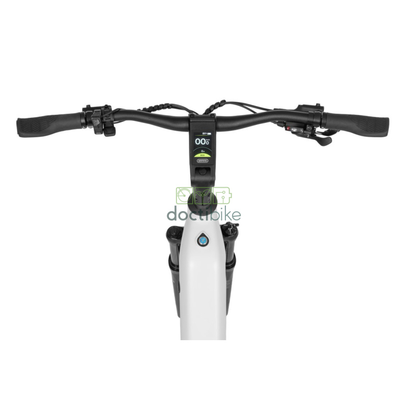 Vélo électrique Ecobike LX 300 Blanc 17" et 19" - vue guidon avec freins et câble et bouton d'allumage