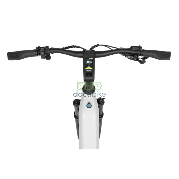 Vélo électrique Ecobike LX 300 Blanc 17" et 19" - vue guidon avec freins et câble et bouton d'allumage