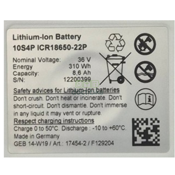 Étiquette technique Batterie BMZ 36V 8,6Ah