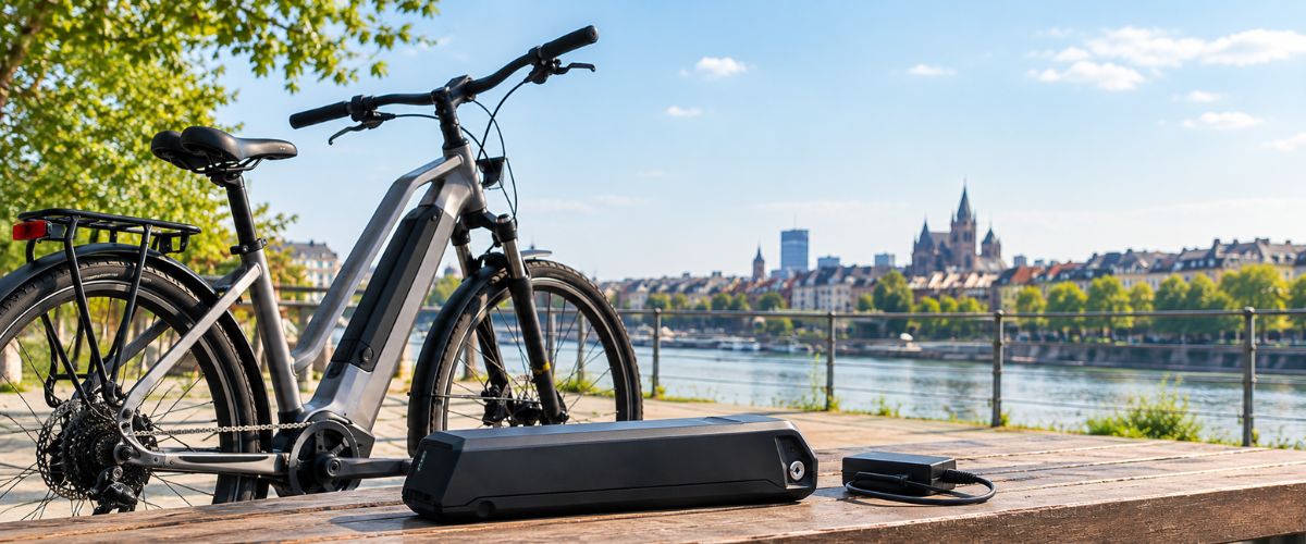 Vélo électrique au bord de l'eau avec batterie lithium et chargeur