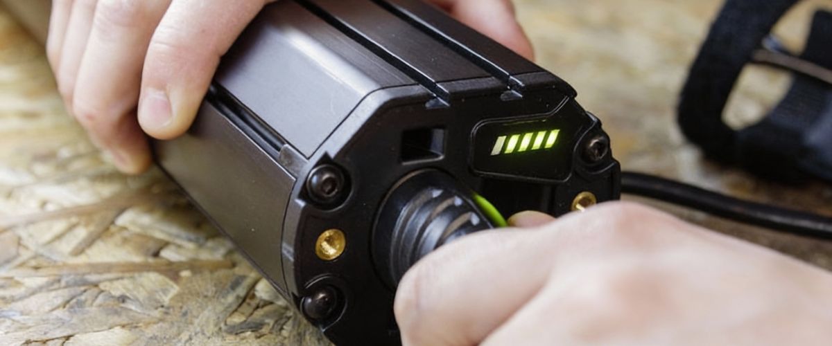 Homme sur vélo électrique avec batterie puissante